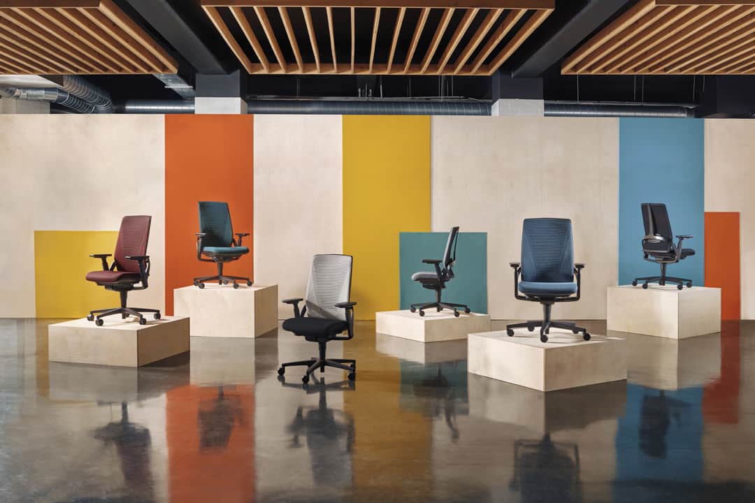 Large variety of office chairs on podiums